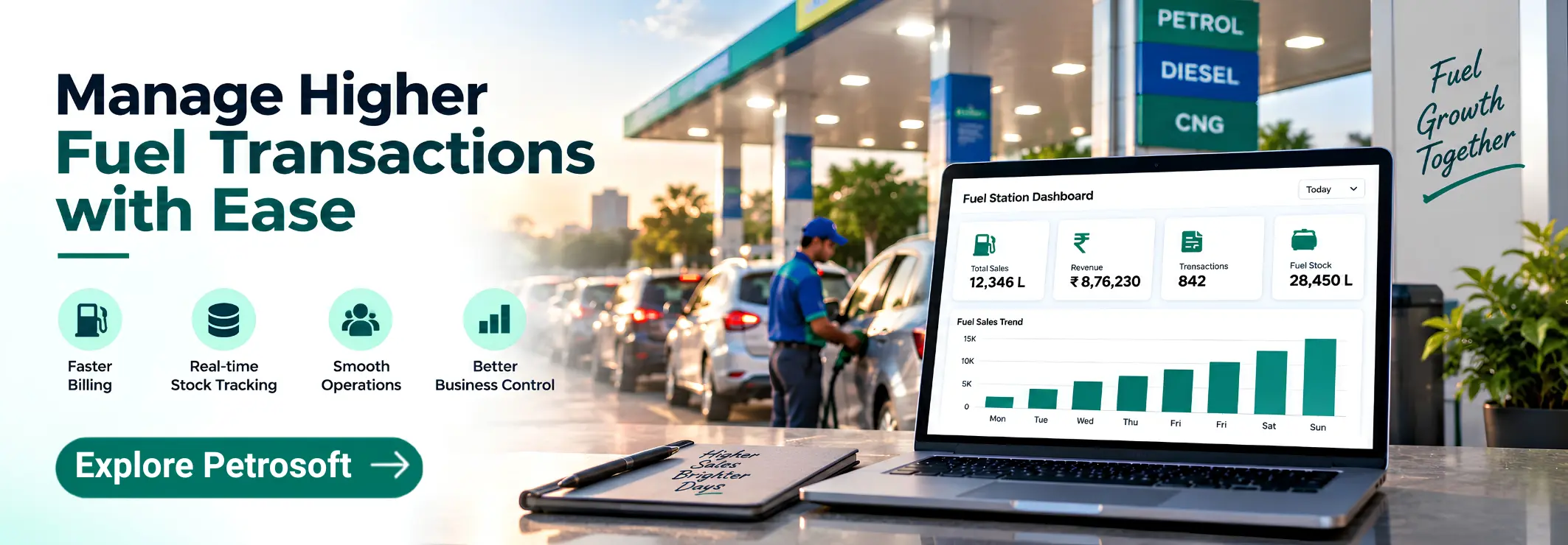 Petrol pump management software dashboard for fuel sales and stock tracking